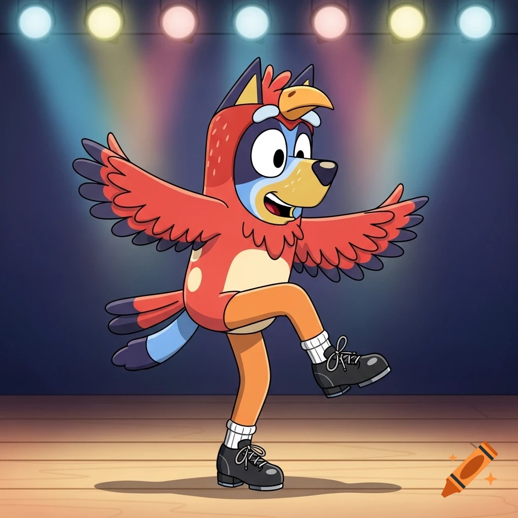 A cartoon dog character, resembling Bluey, in a red bird costume and black tap shoes, dancing on a stage under colorful spotlights.
