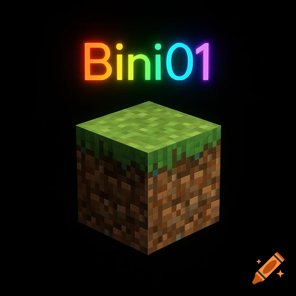 A Minecraft grass block floats on a black background with glowing rainbow text 'Bini01' above it.