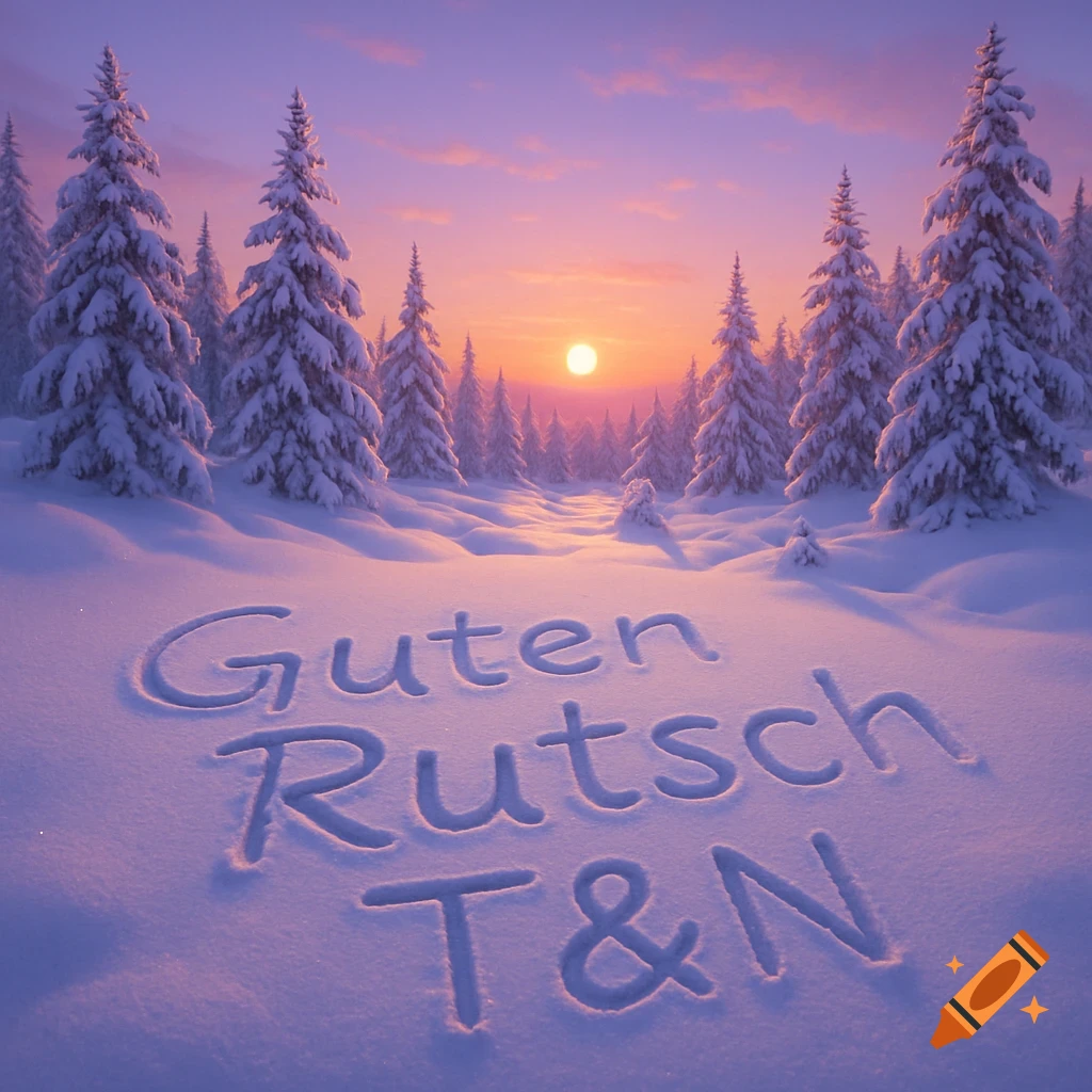 Snowy forest landscape at sunset with "Guten Rutsch T&N" written in the snow.