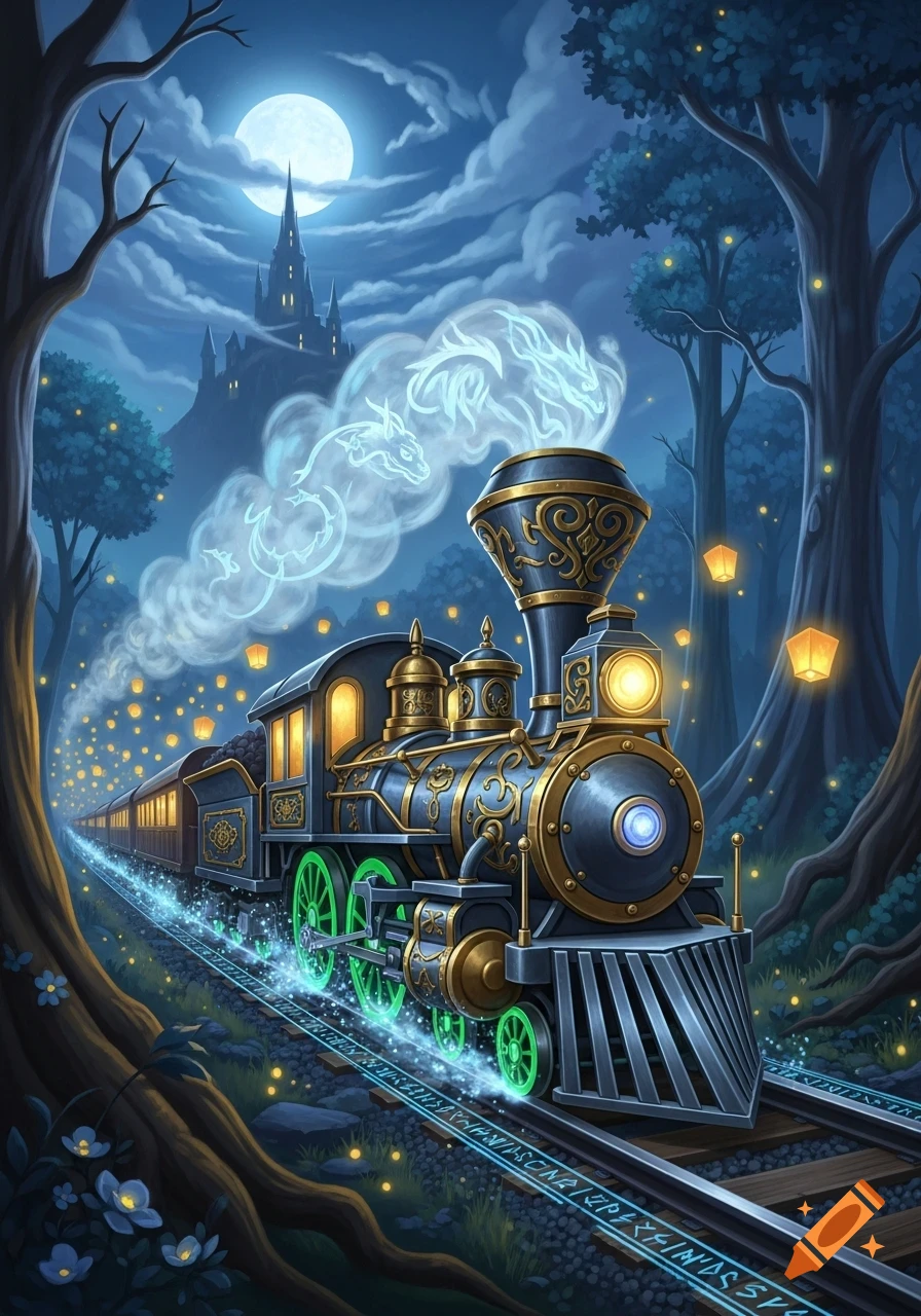 A stylized fantasy train with glowing wheels and tracks travels through a moonlit, mystical forest towards a castle.