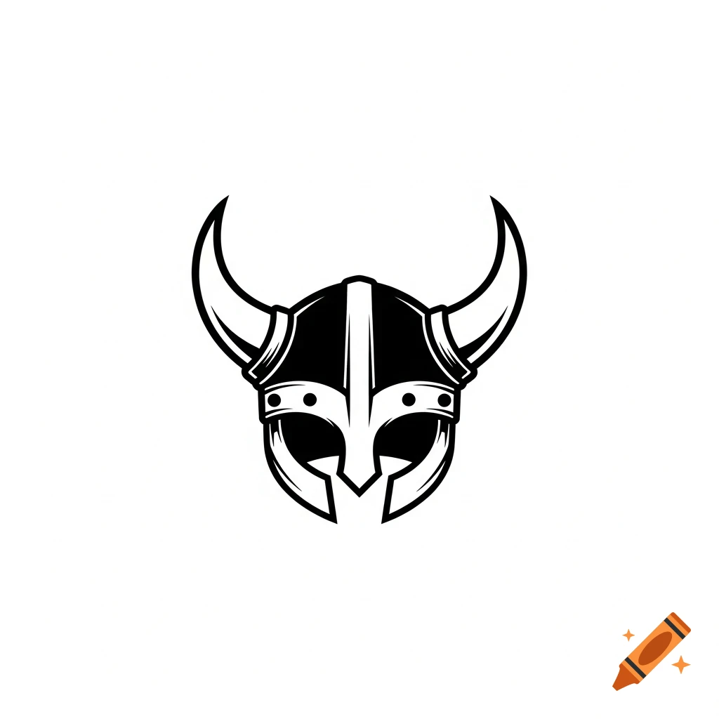 A simple black and white illustration of a horned Viking helmet.