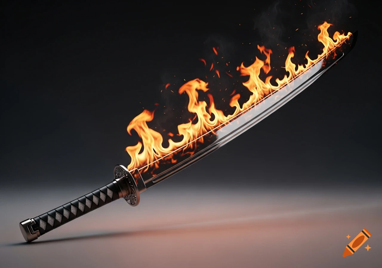 A detailed, digitally realistic image of a burning Japanese katana with a dark background.