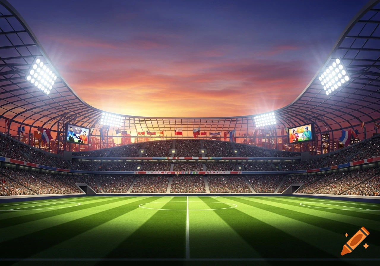 A vibrant soccer stadium at sunset, with a green field illuminated by bright floodlights and stands full of spectators.
