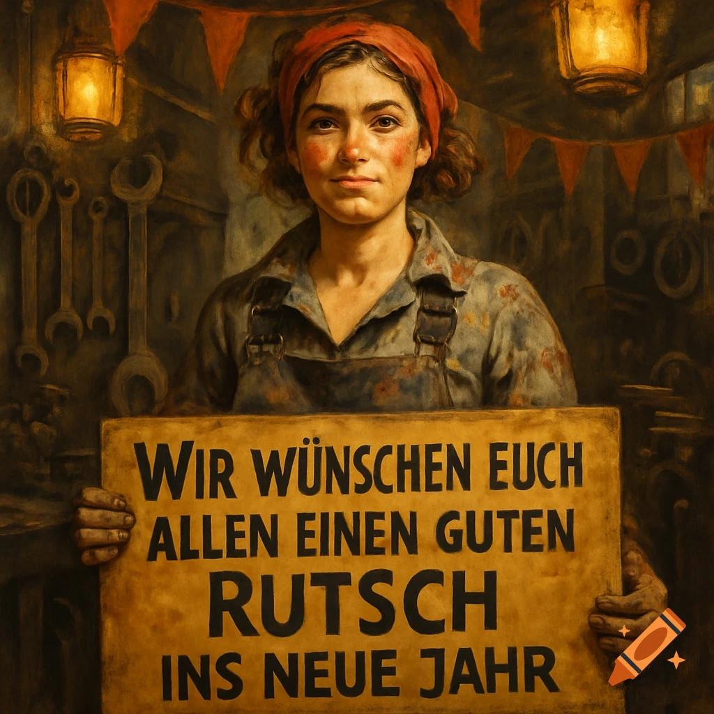 Vintage art portrait of a female mechanic holding a sign with a New Year's greeting in German.