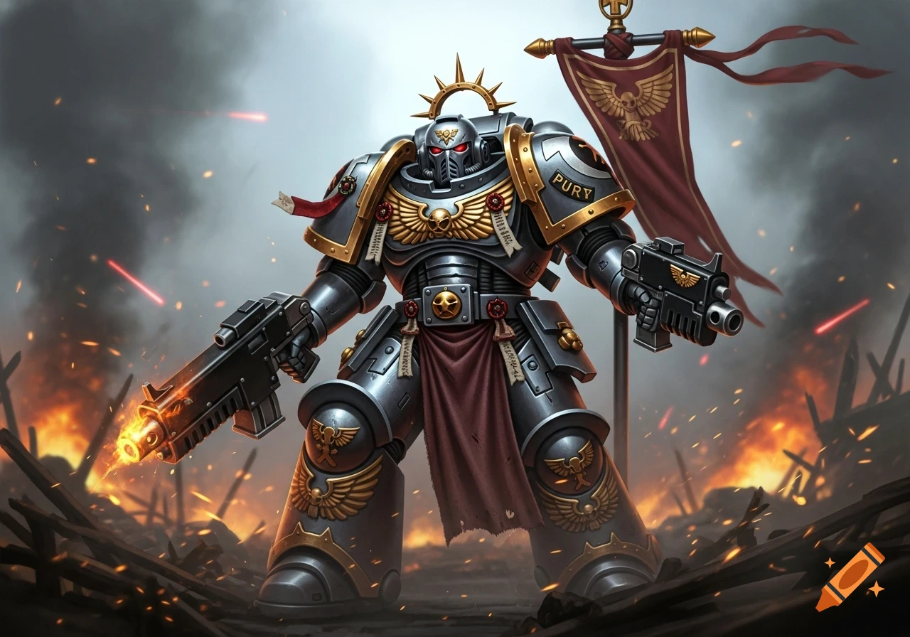 A heavily armored Warhammer 40k Space Marine stands amid a fiery battlefield, holding two large guns, with a banner behind him.