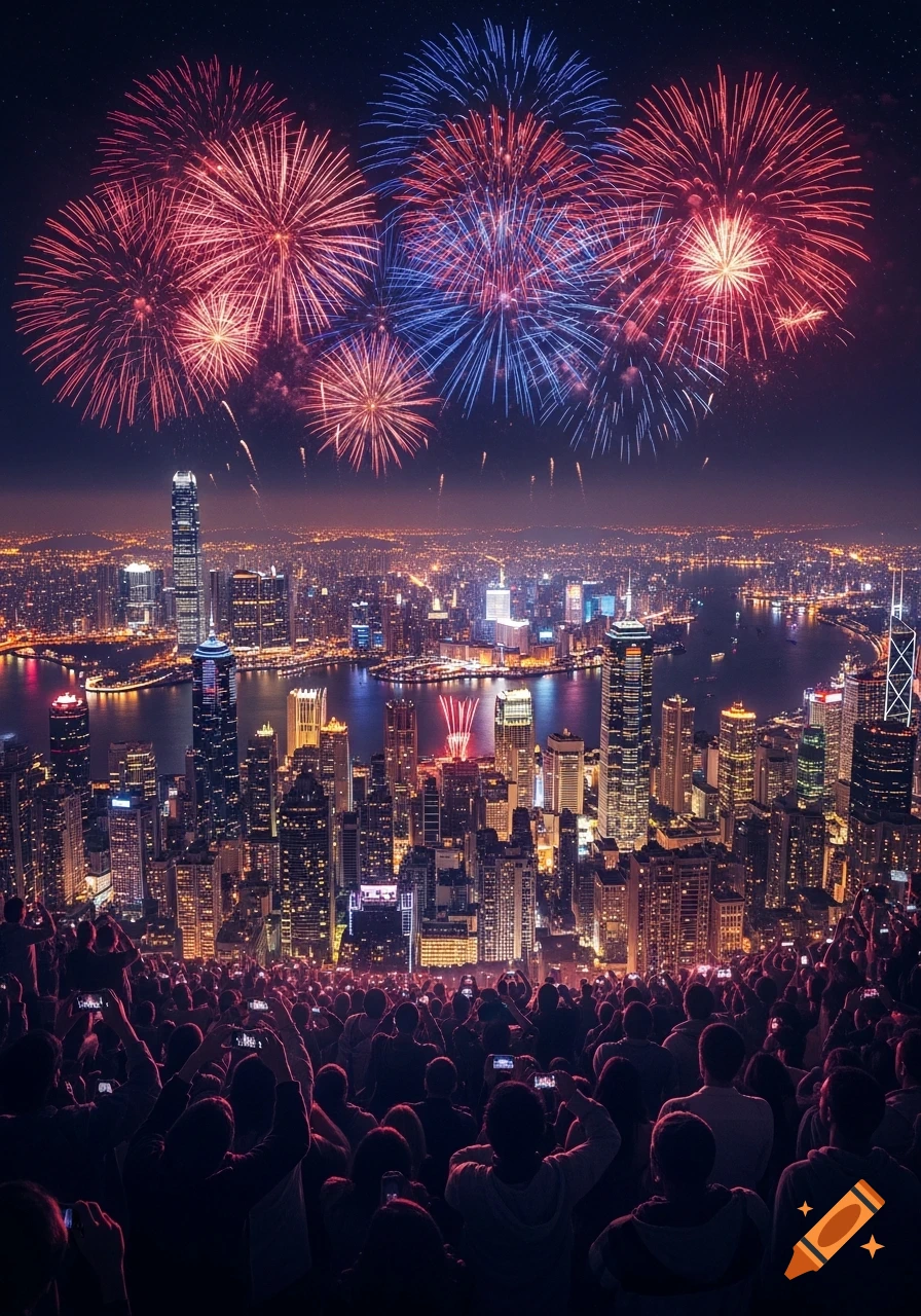 A wide shot of a city skyline at night with colorful fireworks exploding over the buildings and a crowd watching below.