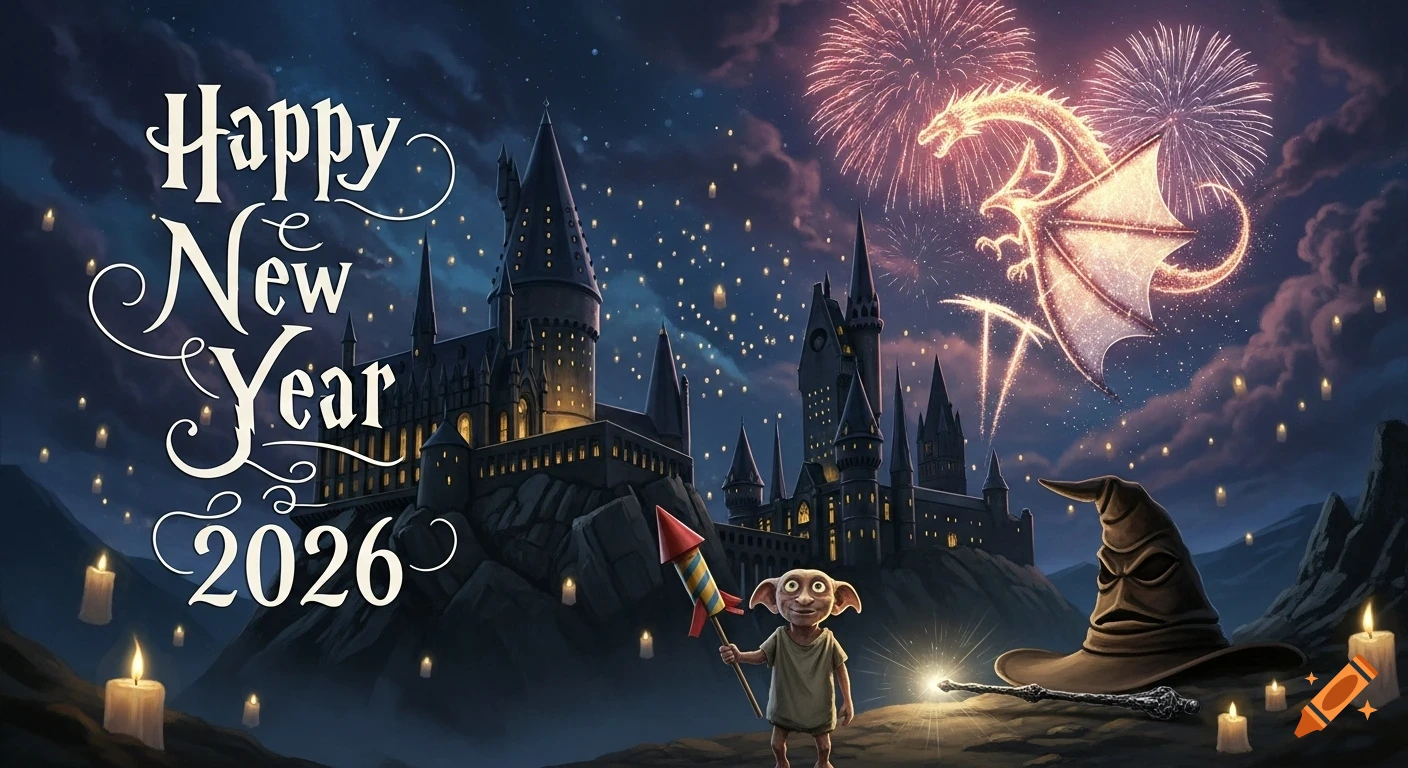 Hogwarts castle at night with fireworks forming a dragon. Dobby holds a rocket, a Sorting Hat and Elder Wand are on the ground. Text: Happy New Year 2026.