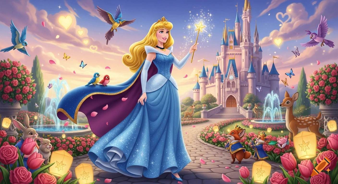 Princess Aurora in a blue gown waves a magic wand in a vibrant castle garden with animals, flowers, and floating heart clouds.