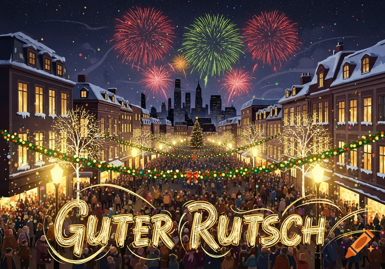 A vibrant night cityscape with fireworks over a crowded, decorated street and 'GUTER RUTSCH' text in the foreground.