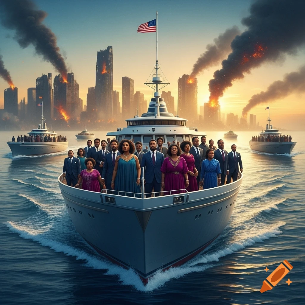 African Americans on luxurious ships flee a burning American city at sunset, with an American flag flying on the main vessel.