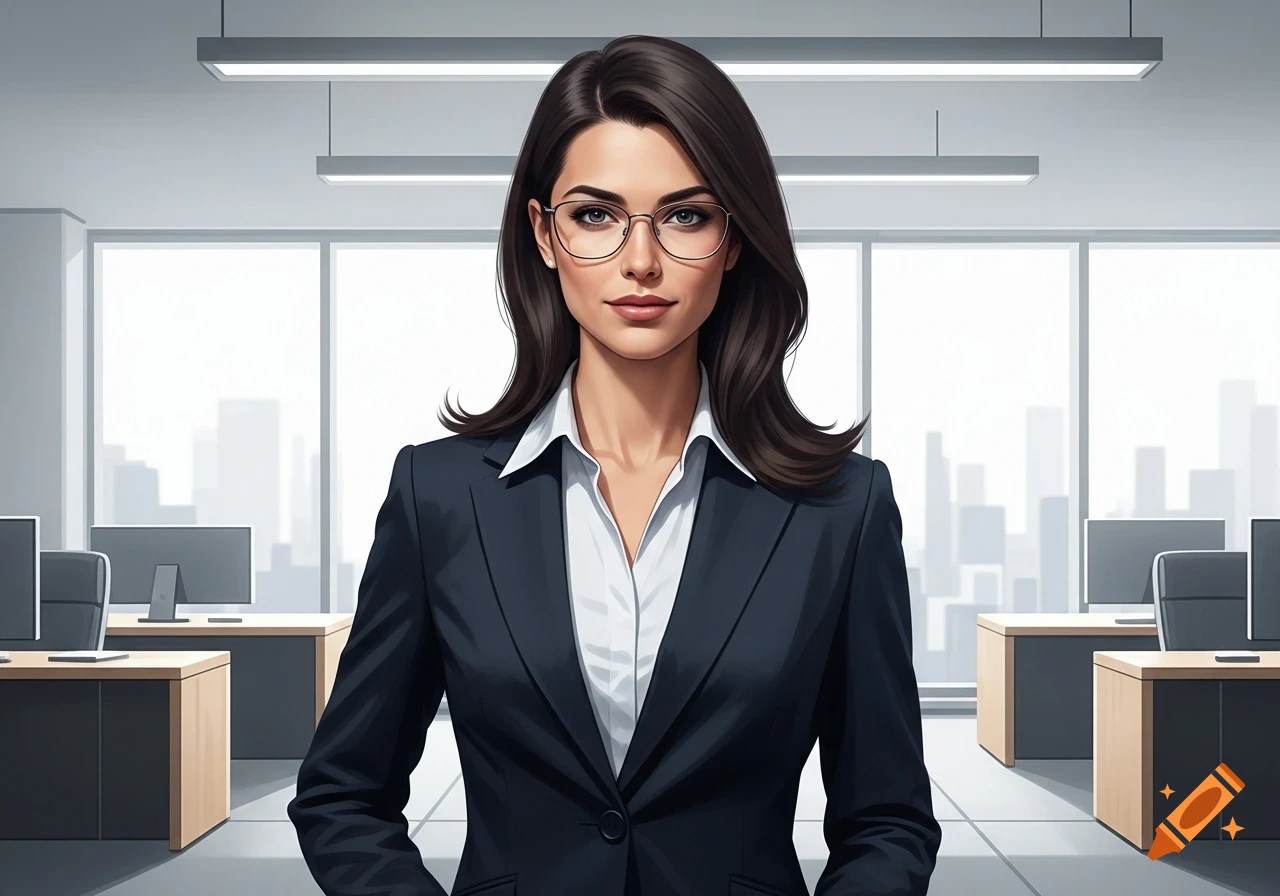 A professional woman with dark hair and glasses wears a black suit and white shirt, standing in a modern office.