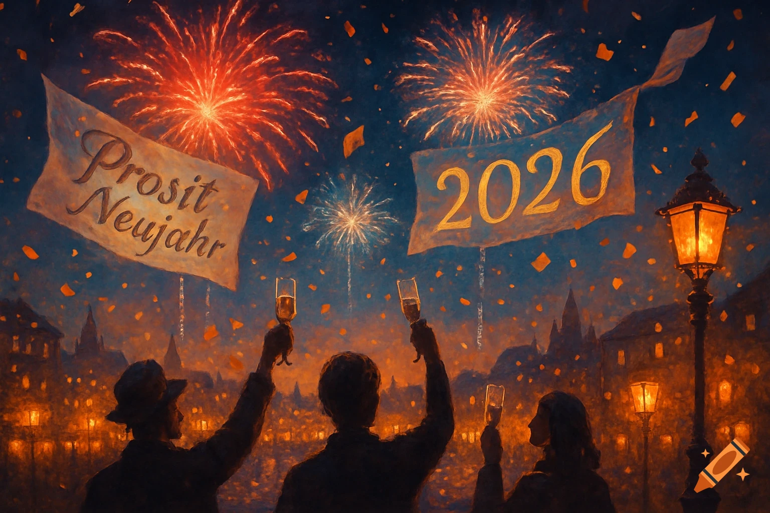 Three people toast beneath a sky of fireworks and confetti. Banners read 'Prosit Neujahr' and '2026' above a glowing city at night.