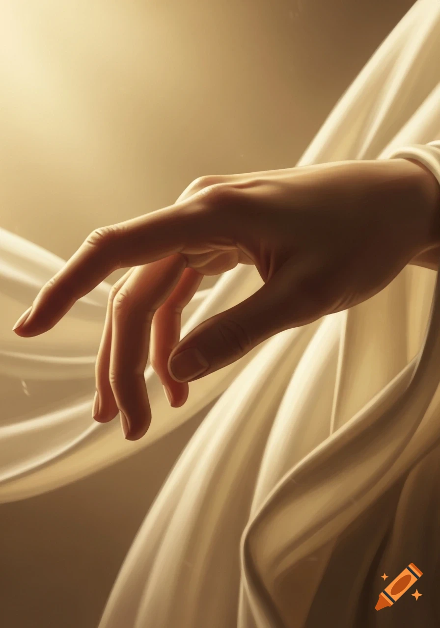 A detailed, softly lit image of a human hand with fingers extended downward, against a backdrop of flowing white fabric.