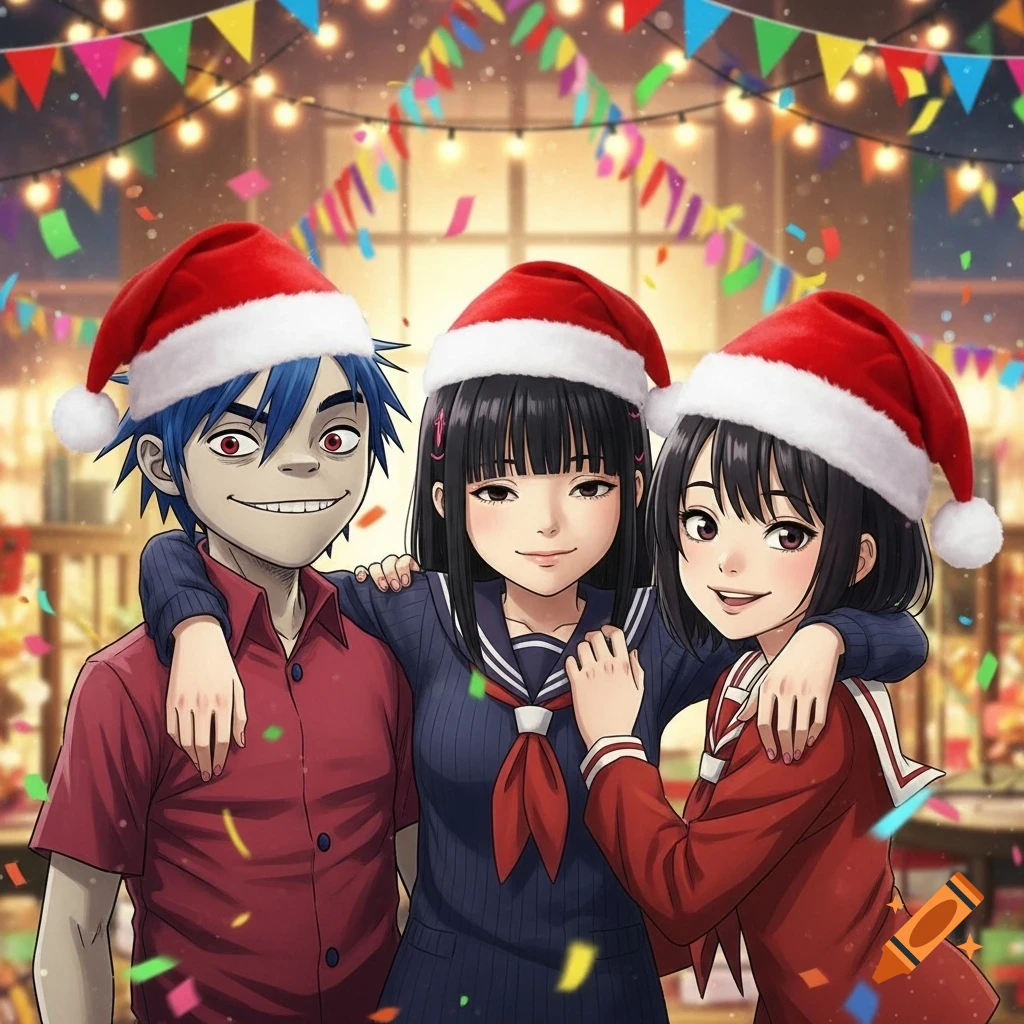Anime characters in Santa hats, smiling amidst confetti and festive lights during a holiday celebration.