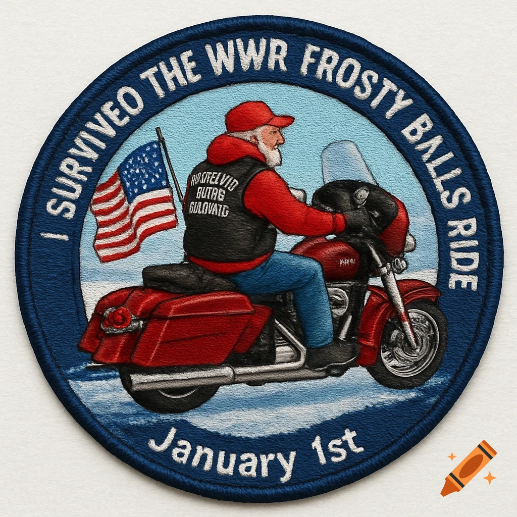An embroidered patch showing an old man with a grey beard, wearing a red hat and black vest, riding a red Harley Davidson motorcycle across a snowy landscape. The patch has a dark blue border with white text reading "I SURVIVED THE WWR FROSTY BALLS RIDE January 1st".