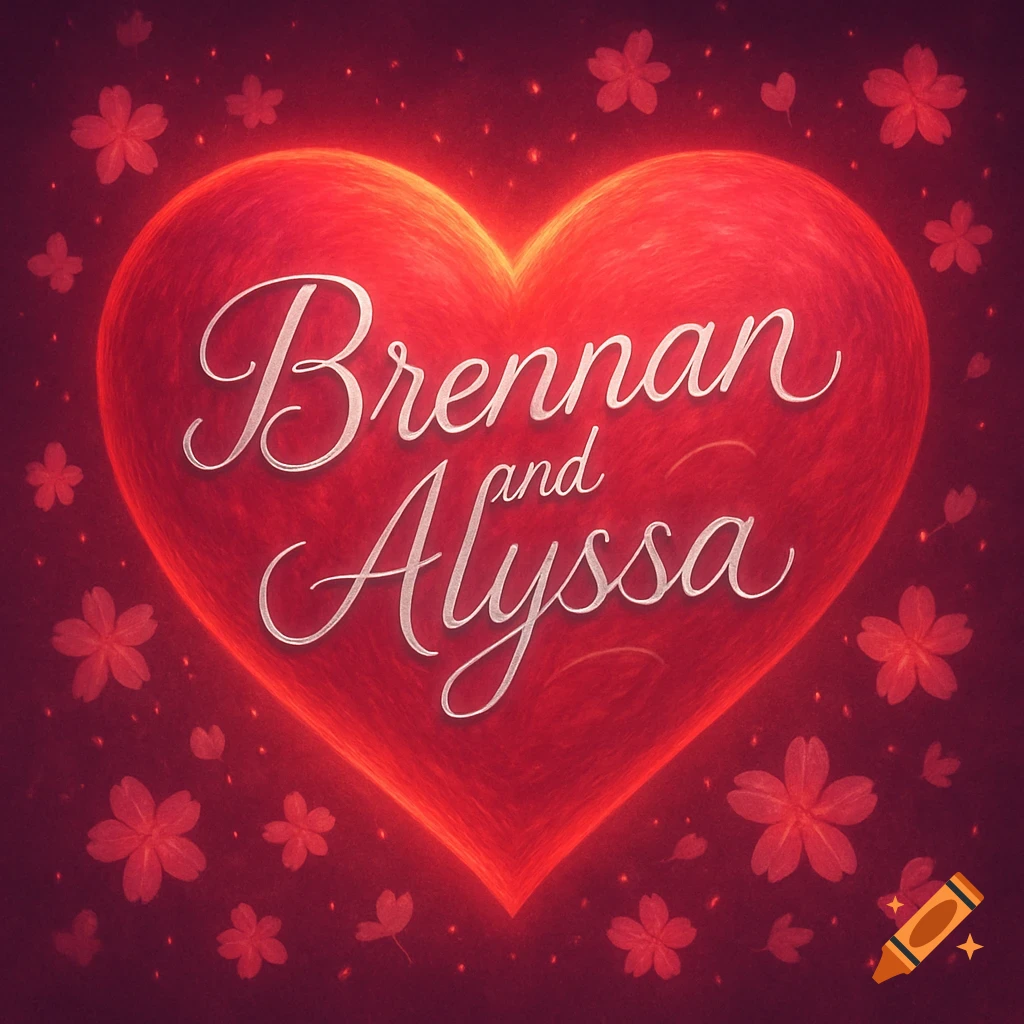 A glowing red heart with "Brennan and Alyssa" in white script, surrounded by red flowers on a dark red background.