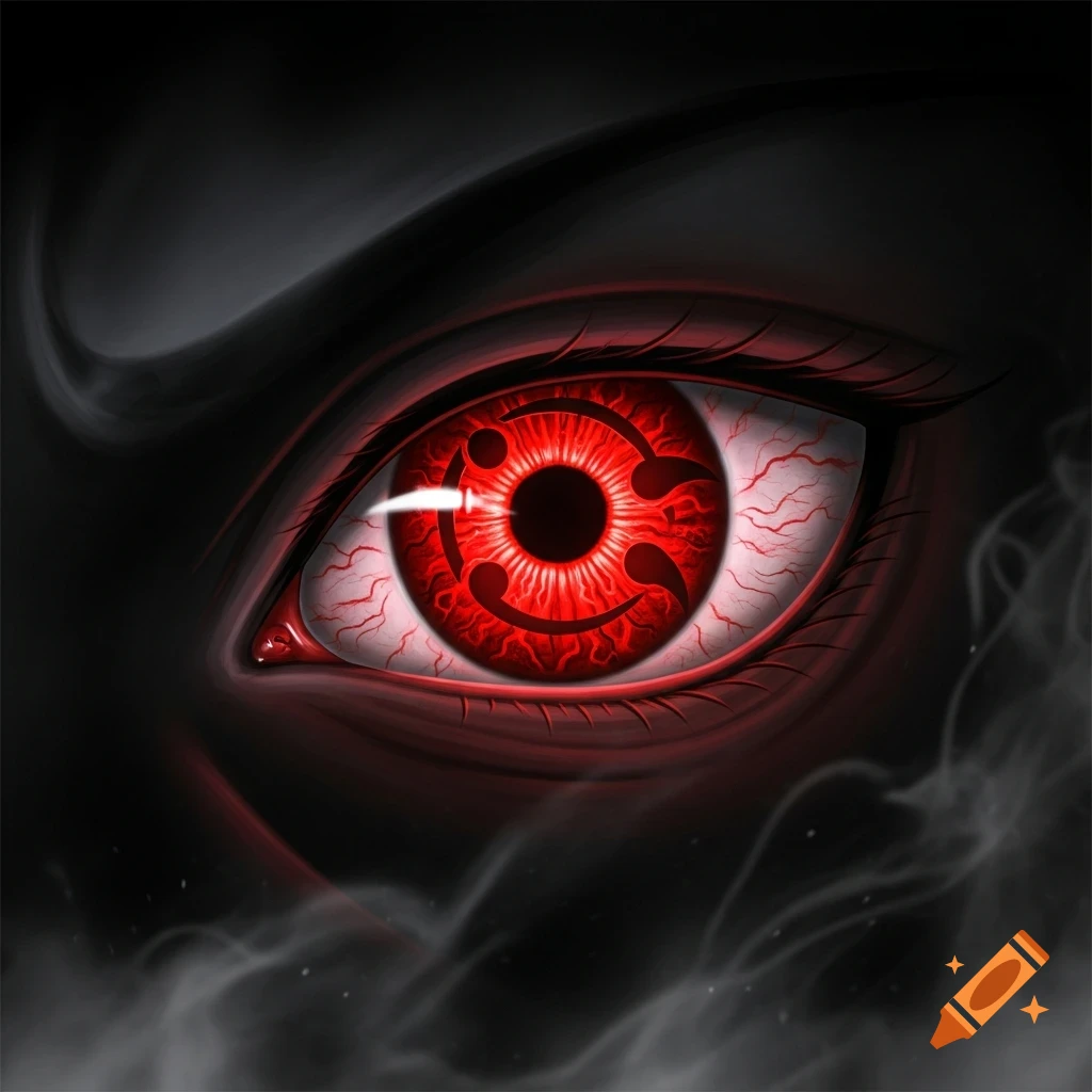 A close-up of a red Sharingan eye with intricate black patterns, glowing against a dark, smoky background.