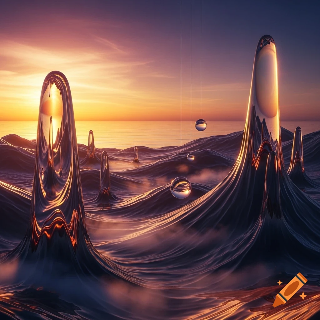 Abstract landscape with metallic, liquid-like waves and towering forms under a vibrant sunset sky, with suspended reflective spheres.