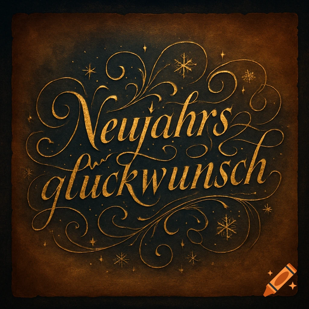 Golden calligraphy reads 'Neujahrsglückwunsch' (New Year's Greeting) on a dark, textured background with ornate swirls and snowflakes.