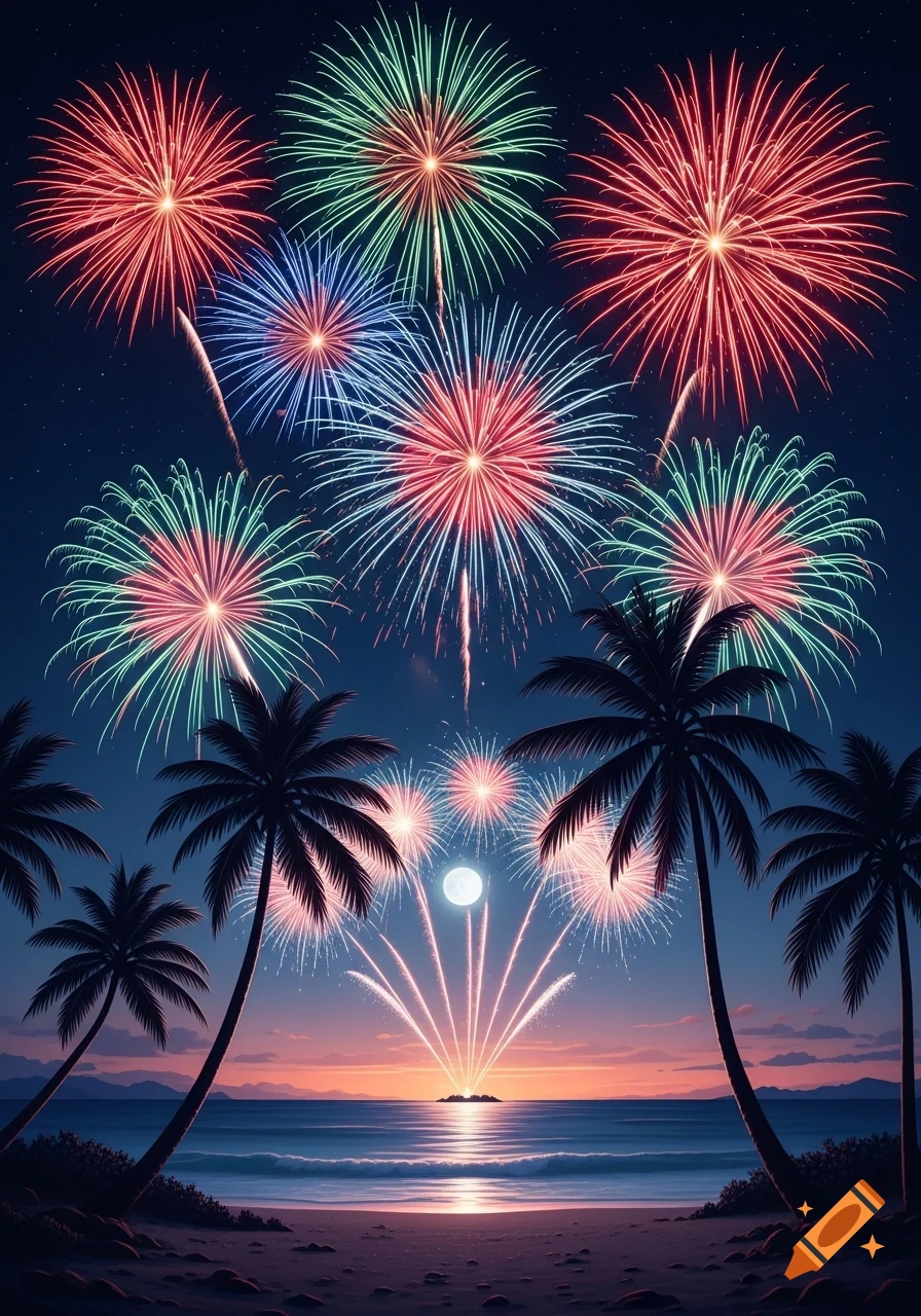Colorful fireworks explode over a tropical beach with silhouetted palm trees against a sunset ocean and moonlit sky.