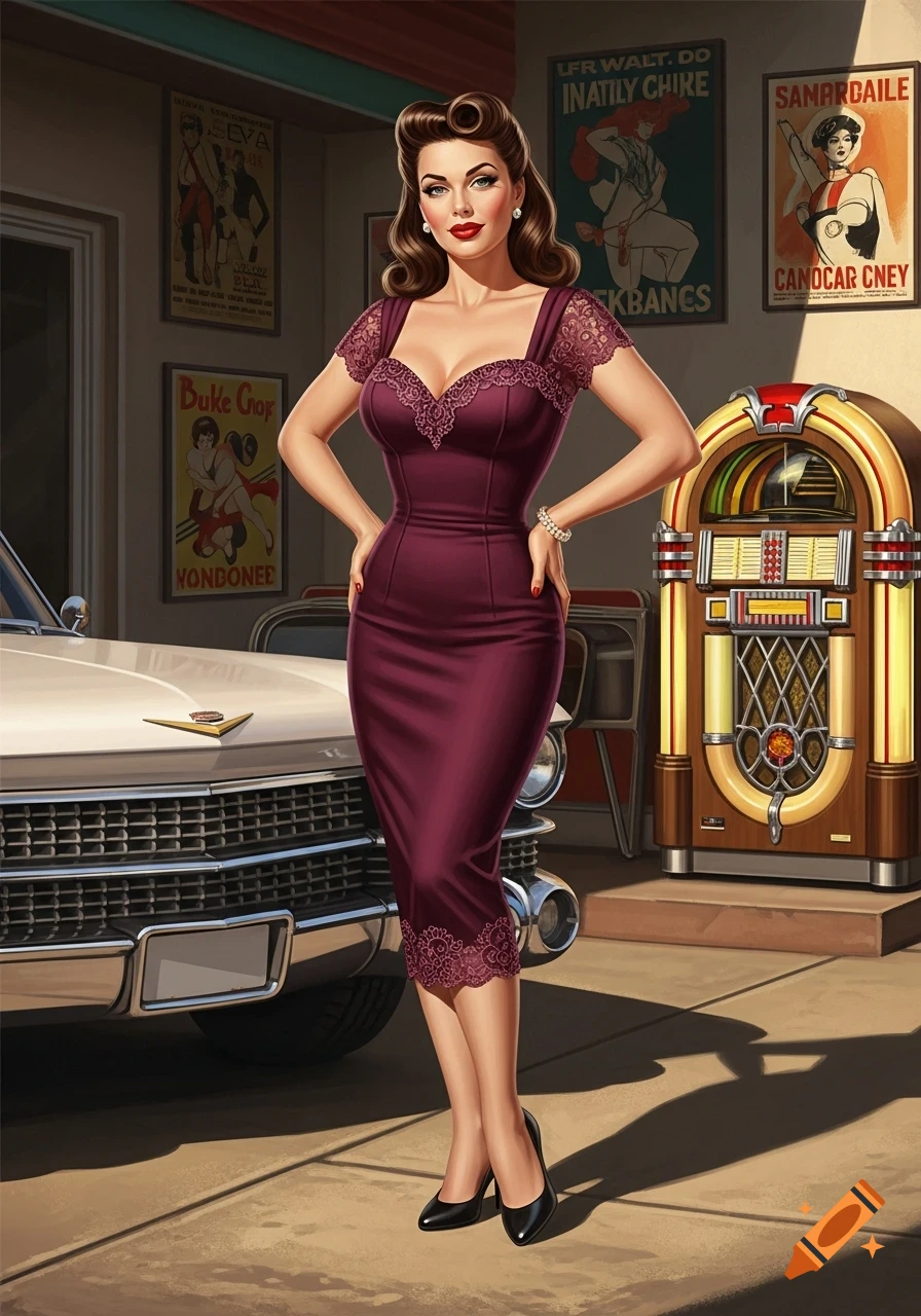 A pin-up woman in a form-fitting plum dress stands next to a vintage white car and a jukebox, with retro posters in the background.
