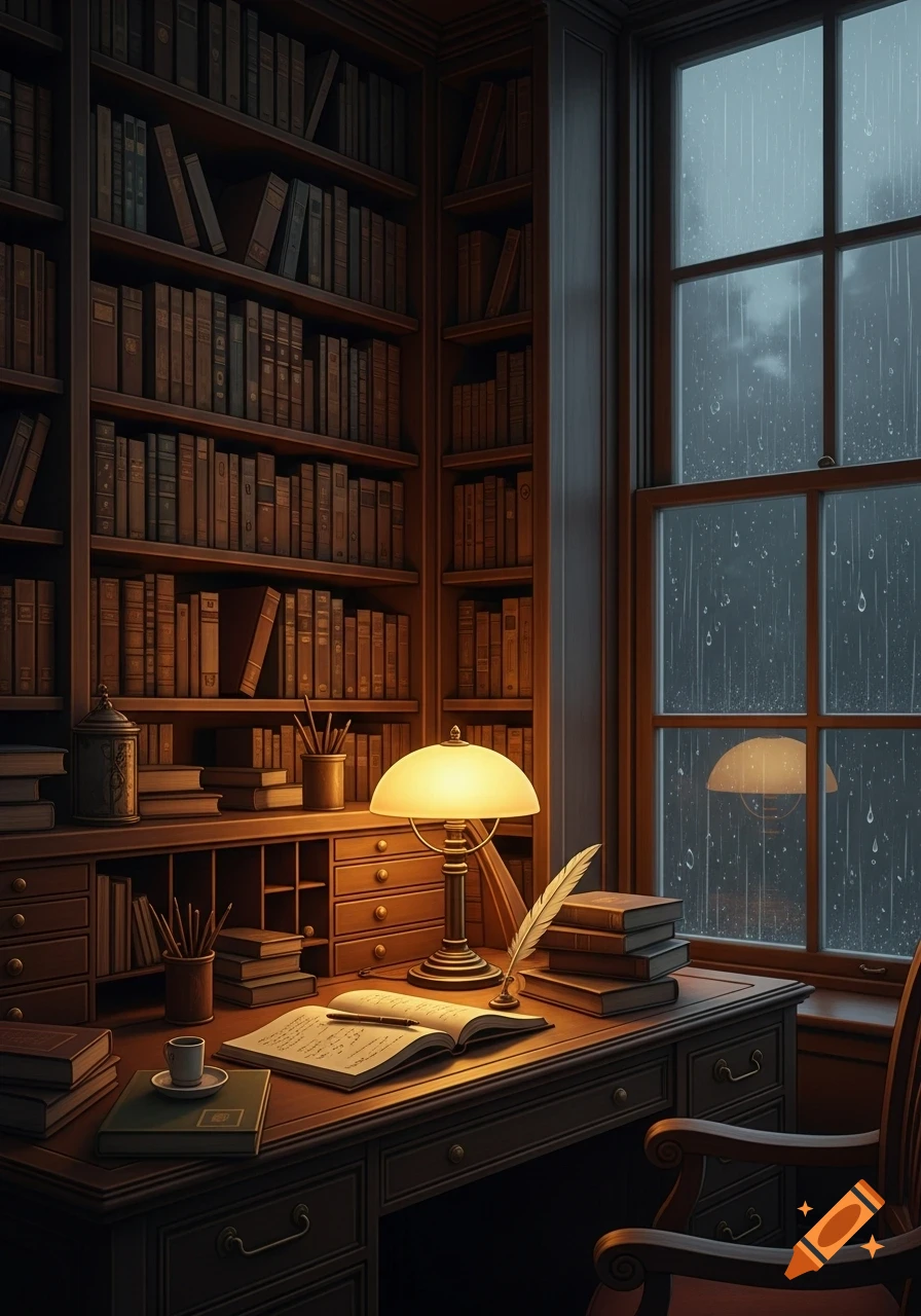 A cozy, dimly lit library study featuring bookshelves, a wooden desk with a glowing lamp, and an open book. Rain falls outside a large window.