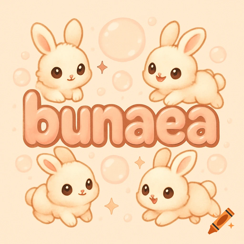 Kawaii logo with 'bunaea' in bubbly font, surrounded by four cute bunnies and bubbles in pinkish-peachy hues.