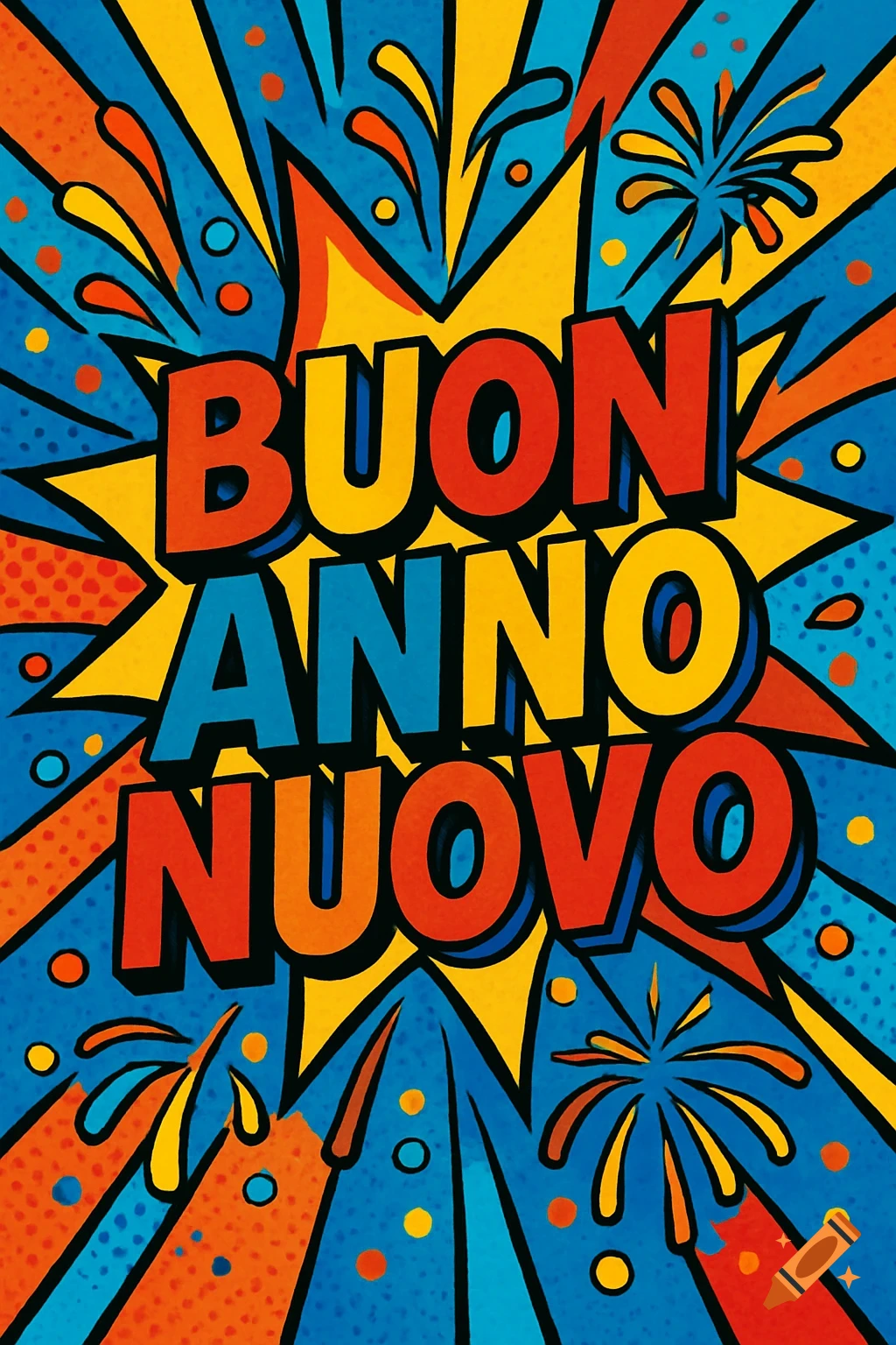 Vibrant pop art illustration wishing 'Buon Anno Nuovo' (Happy New Year) with colorful fireworks and starbursts.
