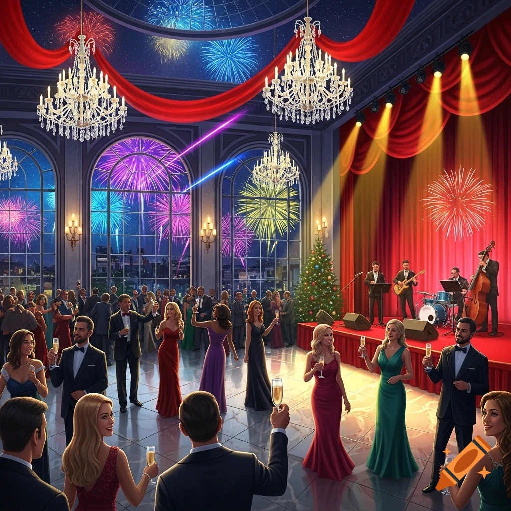 A large, elegant New Year's Eve party in a ballroom with people in formal attire, a band on stage, and colorful fireworks visible through large arched windows.
