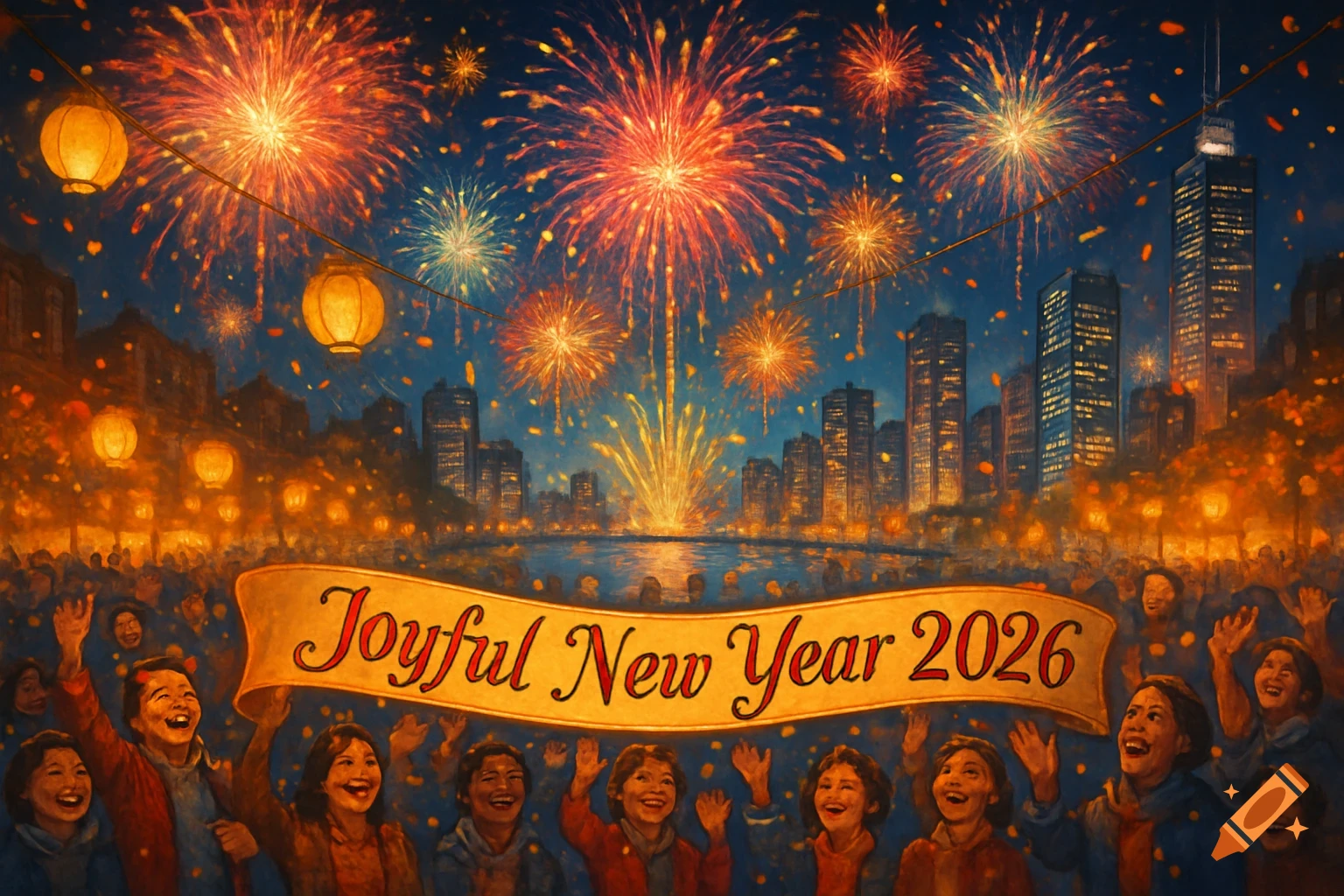 A painterly image of a crowd celebrating New Year's Eve with fireworks over a city skyline, holding a banner "Joyful New Year 2026".