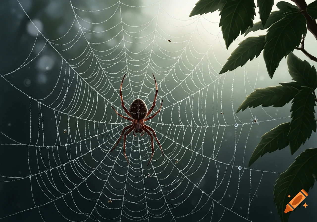 A close-up of a spider on a dew-covered spiderweb, with green leaves in the upper right corner.