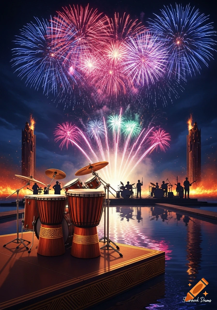 A drum set in the foreground of a night scene with a band playing by water under a colorful fireworks display and burning towers.