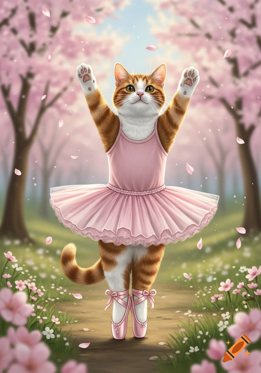 A cute orange and white tabby cat in a pink ballet tutu and pointe shoes stands under falling cherry blossoms.