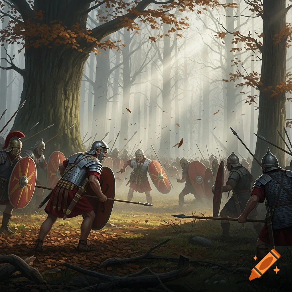 Roman soldiers in full armor fighting in a misty autumn forest with spears and shields.