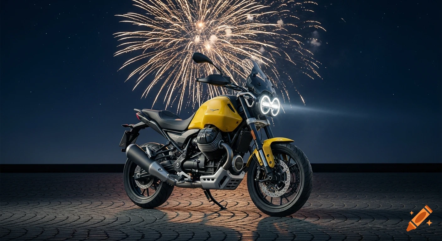 A vibrant yellow Moto Guzzi Stelvio motorcycle with glowing LED headlights parked on a cobblestone plaza at night, with a spectacular gold and silver firework display in the dark sky above.
