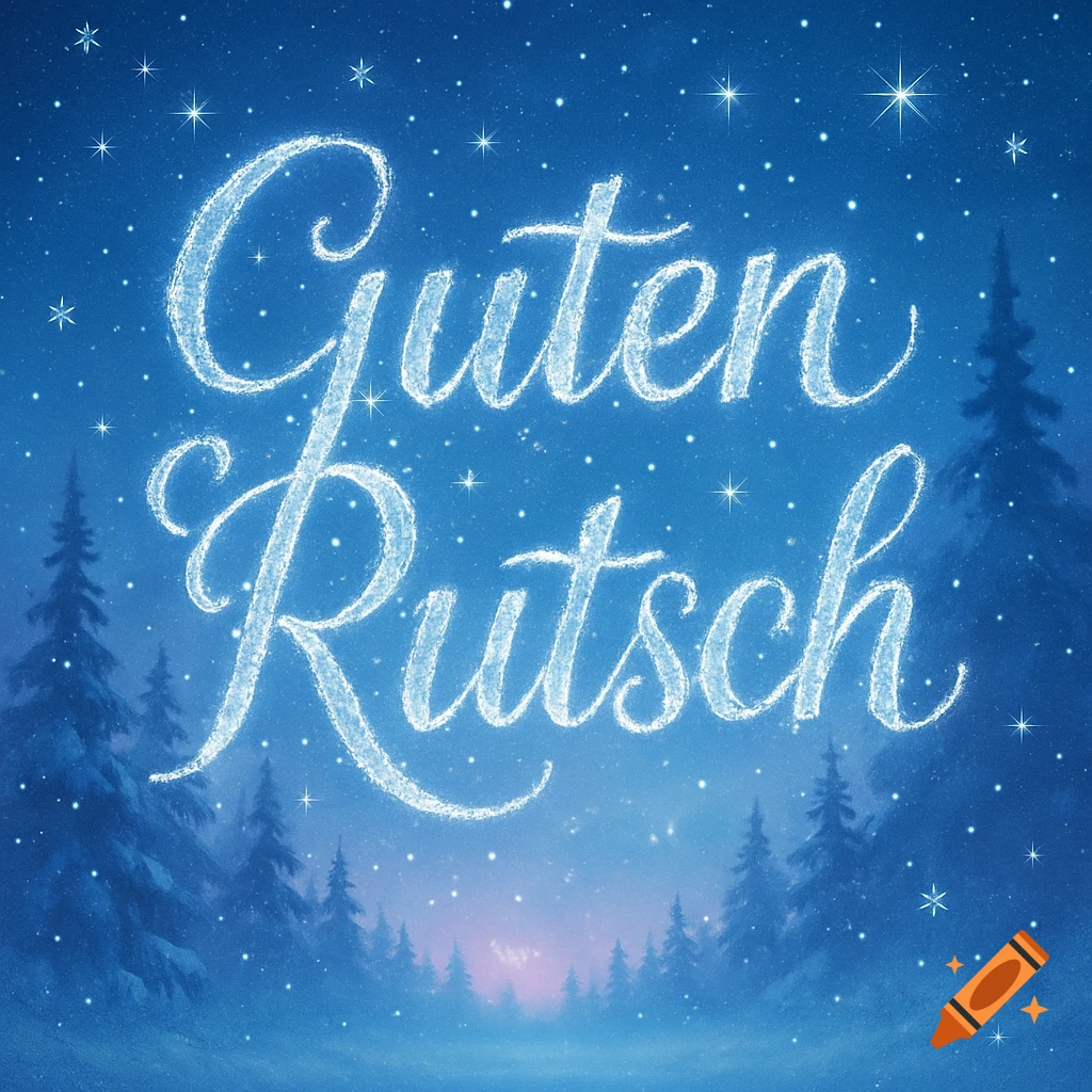 Guten Rutsch in sparkling, frosty script against a snowy blue night sky with fir trees.