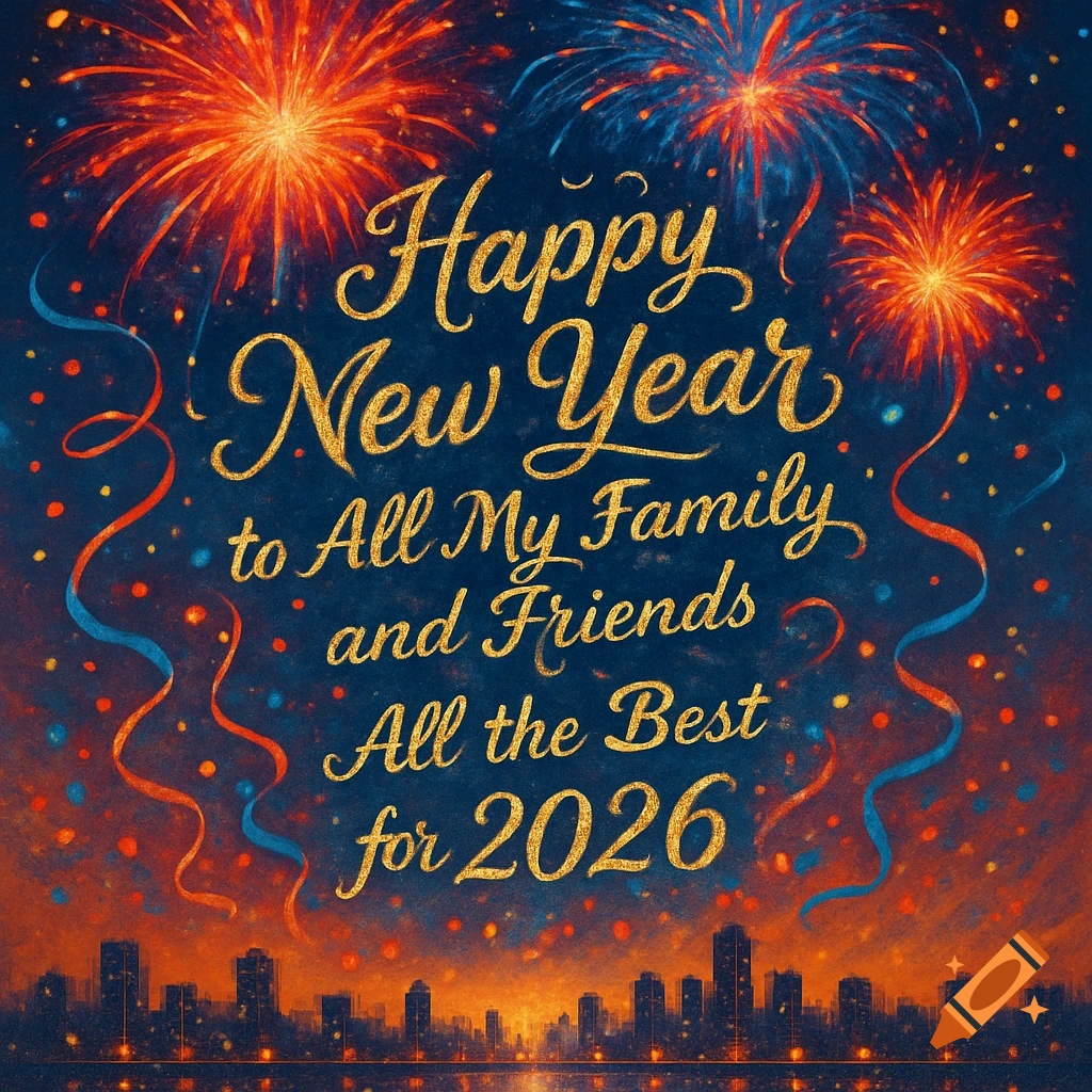 Happy New Year greeting with gold text, colorful fireworks, and a city skyline at dusk.