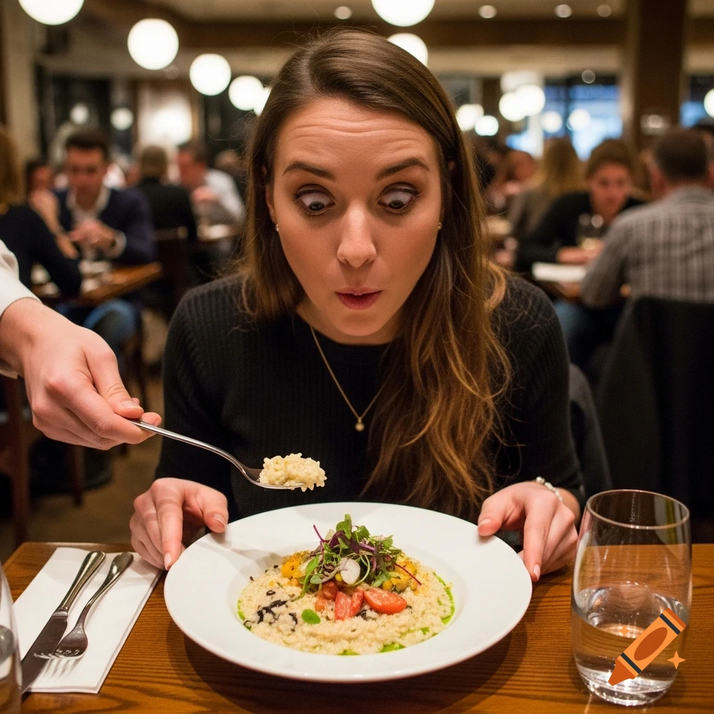 A woman with wide eyes looks surprised as a waiter serves her a plate of risotto in a restaurant. Photorealistic style.