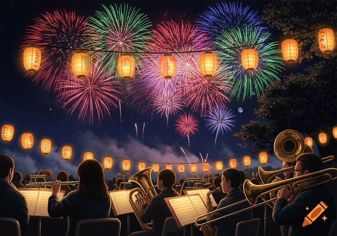 An outdoor orchestra plays under a night sky illuminated by colorful fireworks and glowing Japanese lanterns in an anime style.