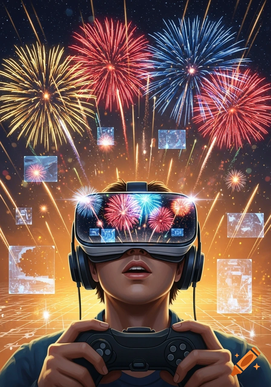 A person wearing a VR headset and holding a controller, immersed in a virtual fireworks display with an orange glow and sparkling streaks.