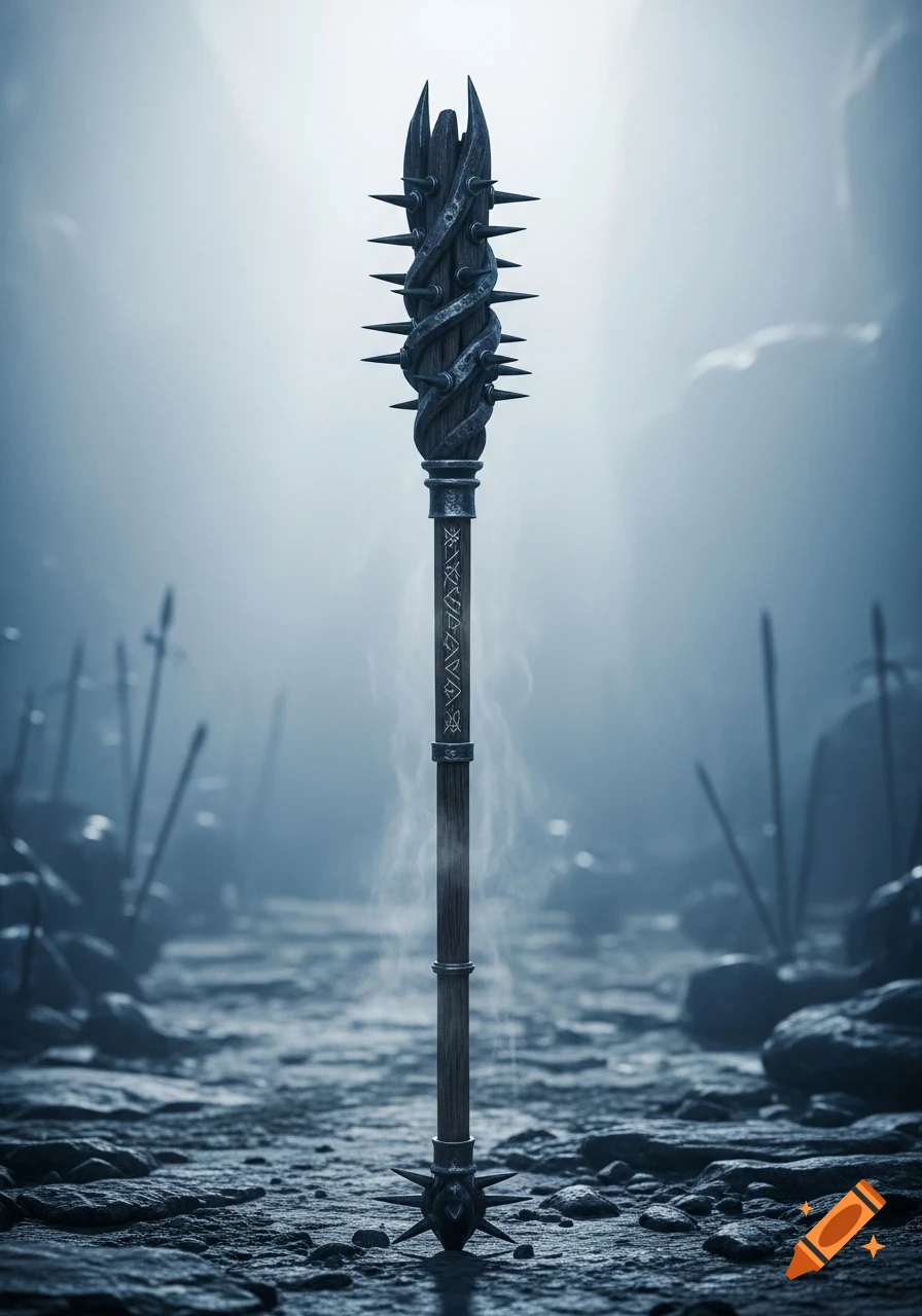 A formidable spiked staff stands upright in a misty, desolate rocky landscape littered with other weapons, under a dramatic sky.