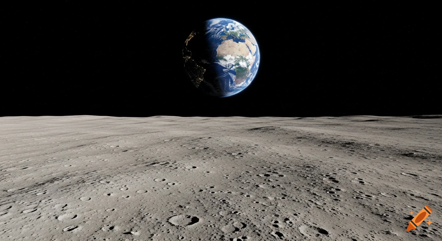 A photorealistic view from the moon's cratered surface looking up at Earth, prominently featured in the dark, starry sky.