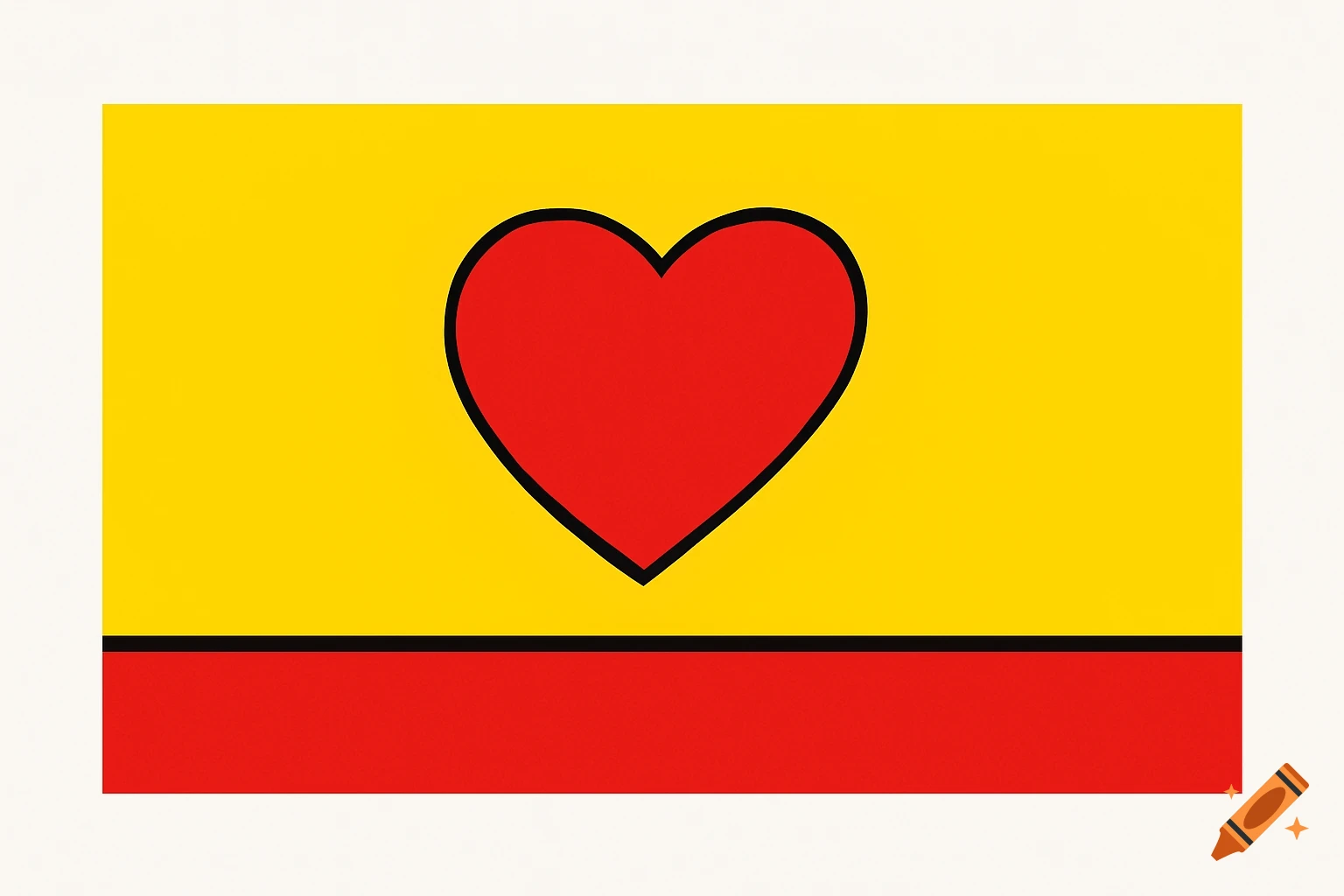 A horizontal flag with a yellow top and a red bottom stripe, separated by a thin black line, features a large red heart with a black outline centered on the yellow.