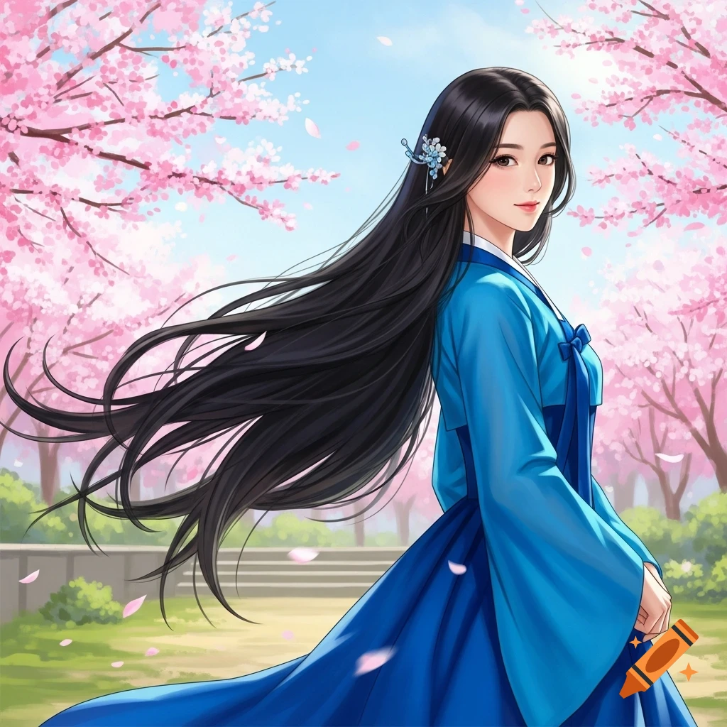 An anime-style Korean woman in a blue hanbok with long black hair stands smiling among pink cherry blossoms.