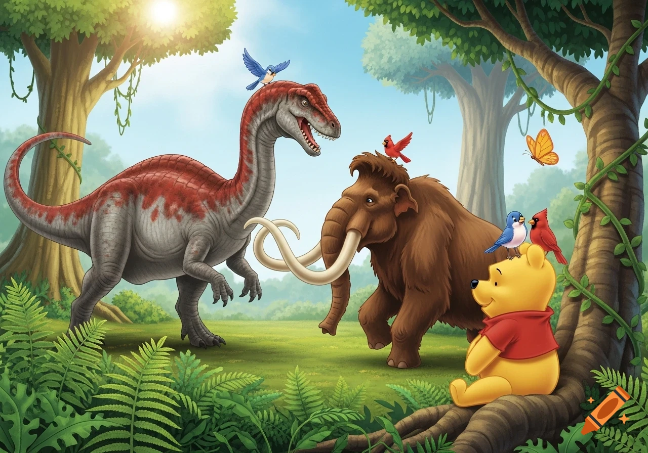 A stylized illustration of a red dinosaur and a woolly mammoth facing off in a prehistoric forest, with Winnie the Pooh sitting calmly in the foreground with a bluebird and a cardinal on his head.