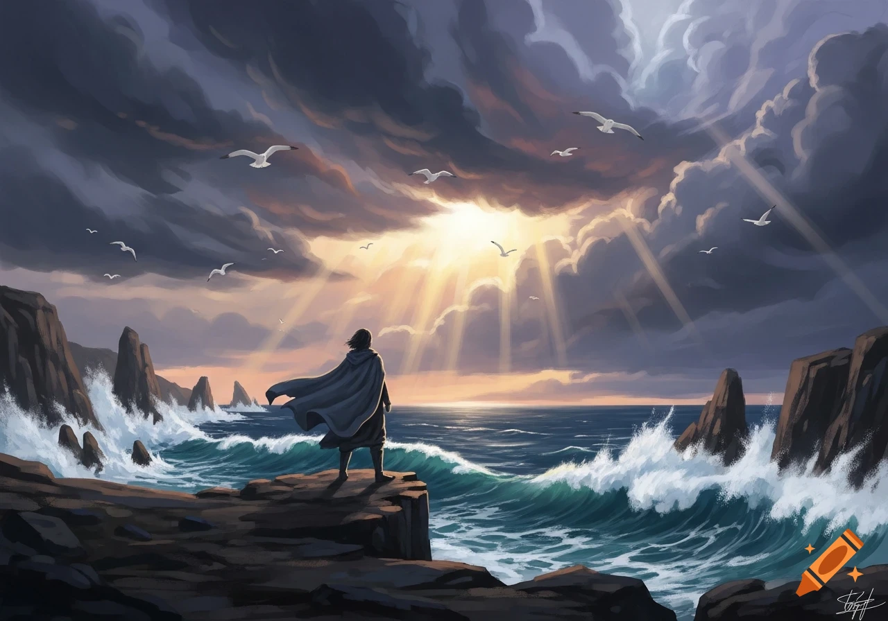 A cloaked figure stands on a rugged cliff overlooking a stormy, wavy ocean with rocky islands, as sun rays pierce through dark clouds.