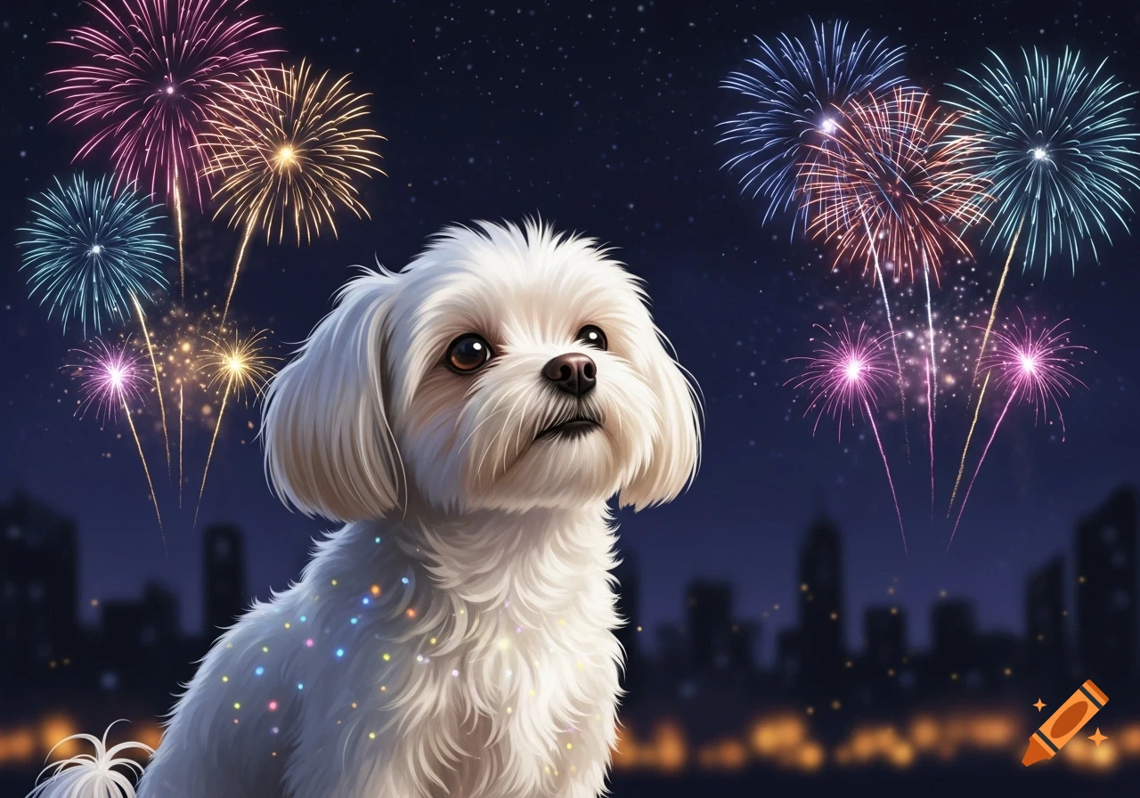 A small white Maltese dog looks up at colorful fireworks over a city skyline at night.