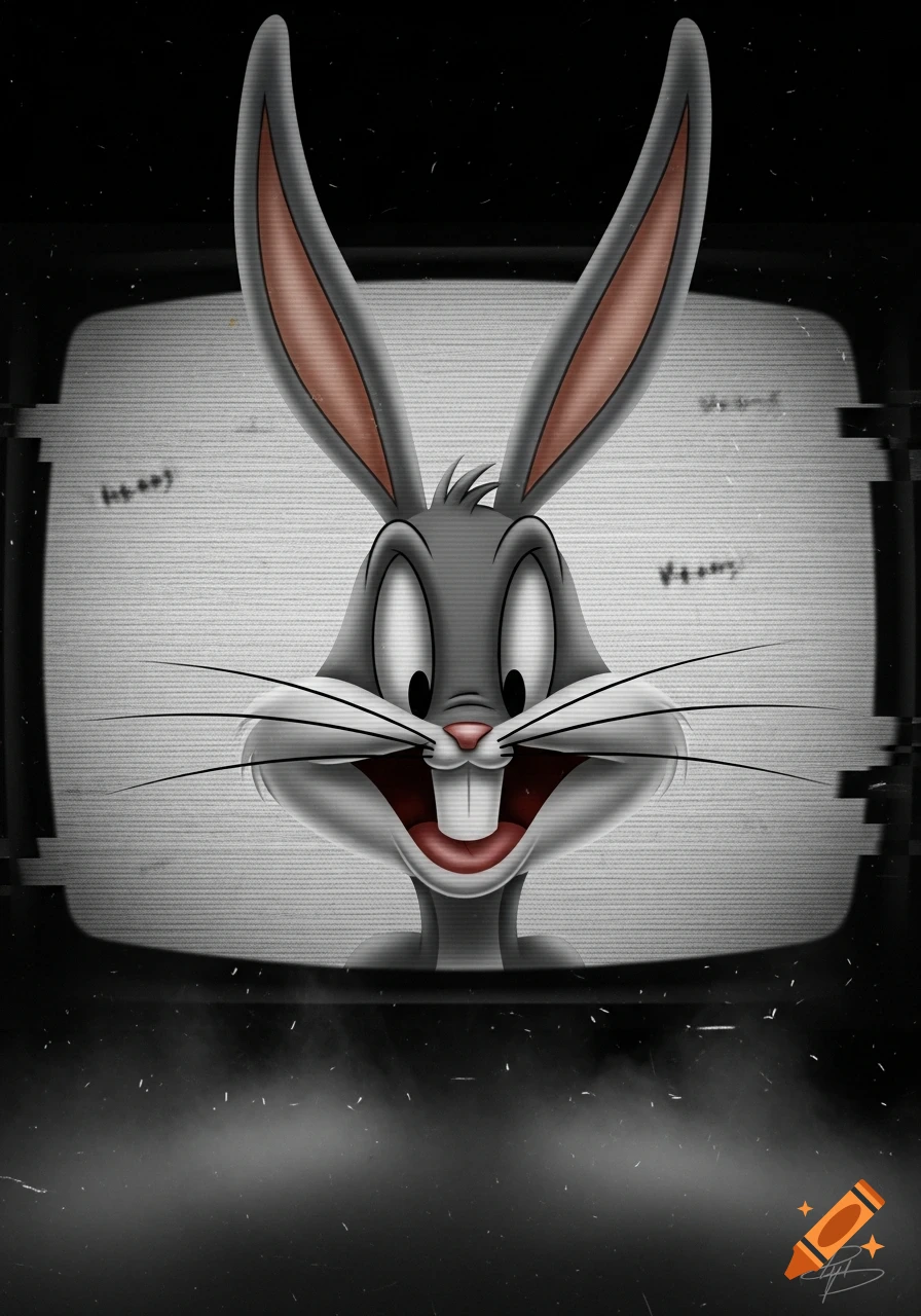 Bugs Bunny's distorted, creepy face appears on a glitchy, grayscale TV screen in an analog horror style.