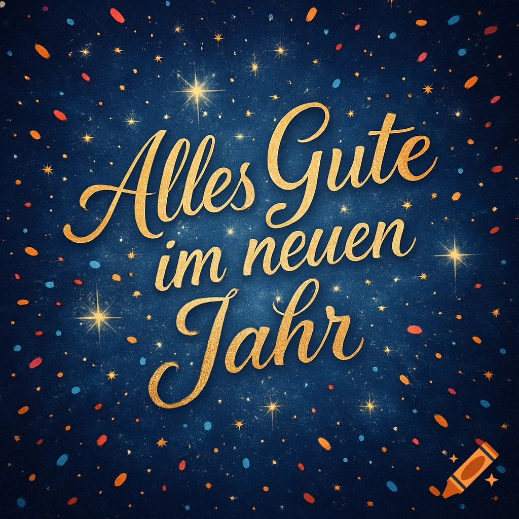 Golden cursive text "Alles Gute im neuen Jahr" on a dark blue background with glittering stars and colorful confetti.