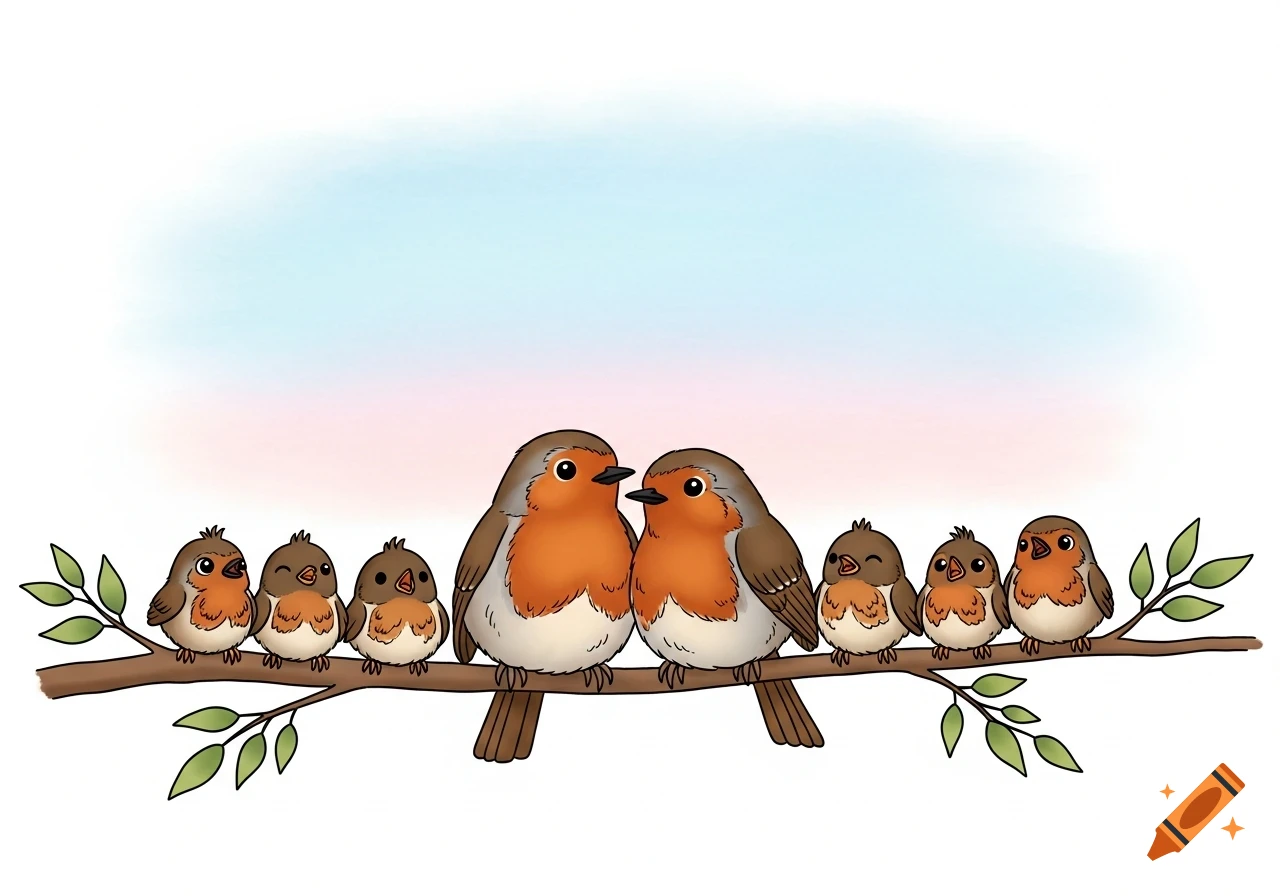 A cute clipart illustration of seven cartoon robins, two adults and five chicks, sitting together on a leafy branch.